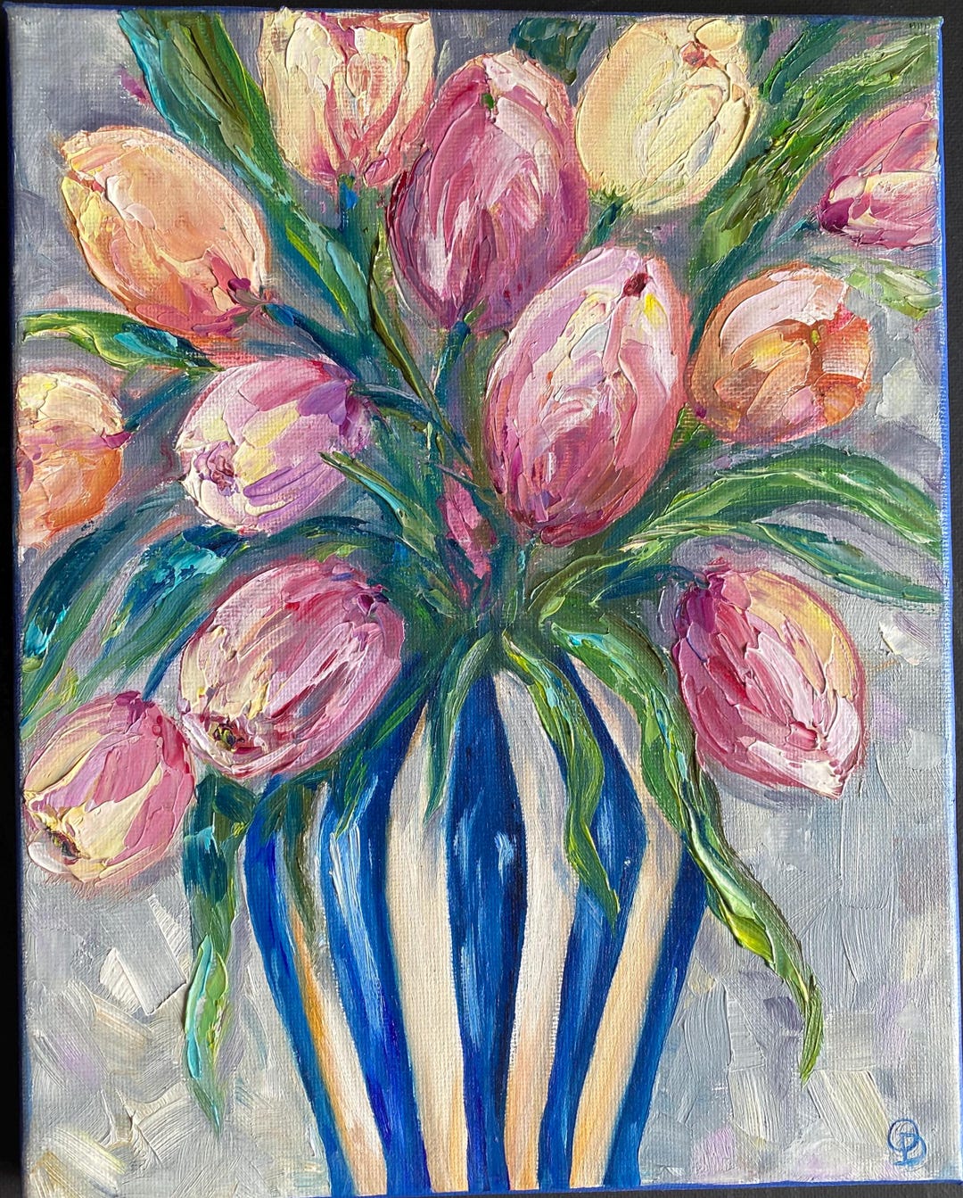 Tulips Oil Painting: Impasto Floral Art in Blue Striped Vase (8x10) - Etsy