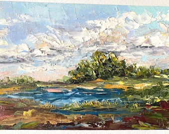 Impasto Oil Painting:  LAKE SUMMER Landscape Art, Handmade Artwork