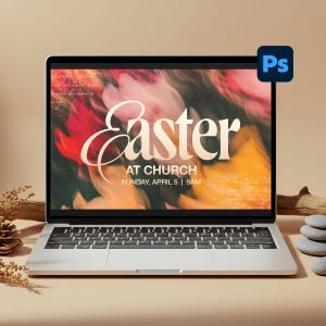 May include: A laptop screen shows an Easter announcement. The display reads "Easter" in elegant script, with "AT CHURCH" and the date and time beneath. The background is an abstract design with red, yellow, and pink colours.
