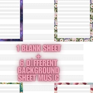May include: A set of 7 printable sheet music templates. One blank template and six templates with different background designs. The designs include a galaxy, floral, and hearts.