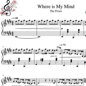 Where Is My Mind dei Pixies - spartito per pianoforte (2 pagine, musica stampabile, regalo di musica classica, regalo per amanti della musica, note musicali, stampa musicale)