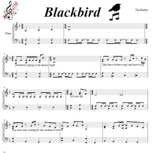 Blackbird Piano Sheet Music, 3 Pages, Easy Piano Arrangement, Printable Sheet, Instant Download