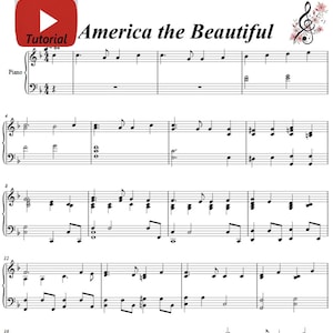 America the beautiful Piano Sheet Music, Easy Piano Arrangement, Printable Sheet, Instant Download