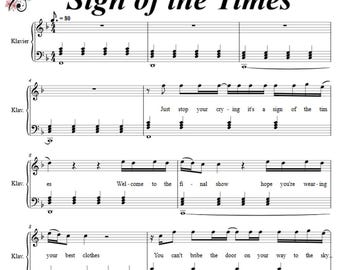 May include: Sheet music for "Sign of the Times" by Harry. The title is in a bold, black font. The music notation includes treble and bass clefs, with lyrics such as "Just stop your crying" and "Welcome to the final show."