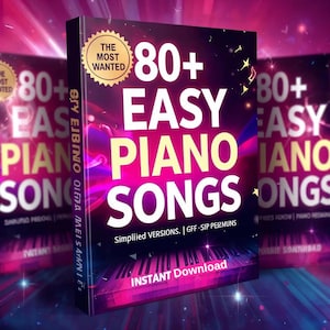 Könnte beinhalten: Drei Buchcover für "80+ Easy Piano Songs" werden vor einem leuchtenden rosa-violetten Hintergrund gezeigt. Die Cover zeigen den Titel in großen, fetten Buchstaben, mit den Worten "Instant Download" unten.