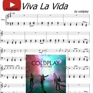 Peut inclure: Partition de musique pour la chanson "Viva La Vida" de Coldplay. La musique est écrite en notation standard avec une portée de piano. La pochette de l'album "Viva La Vida" est visible dans le coin inférieur droit de l'image.