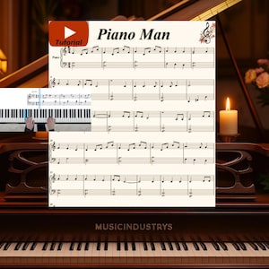 piano man piano sheet music+ youtube tutorial, Easy Piano , Printable Sheet, Instant Download beginner piano digital download, PDF