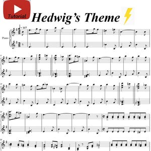 May include: Sheet music for "Hedwig's Theme" with a tutorial icon in the top left corner. The title is in black text with a yellow lightning bolt. The music is written for piano, with notes and musical symbols.