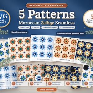 Moroccan Zellige Seamless Pattern Bundle, 5 Moroccan Patterns SVG PNG, Zellige Tile Digital Paper, Commercial Use Geometric Pattern