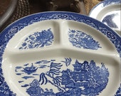 Grill Divided Plate Cobalt blue White Transferware Occupied Japan Blue Willow Pattern 11 quot diameter