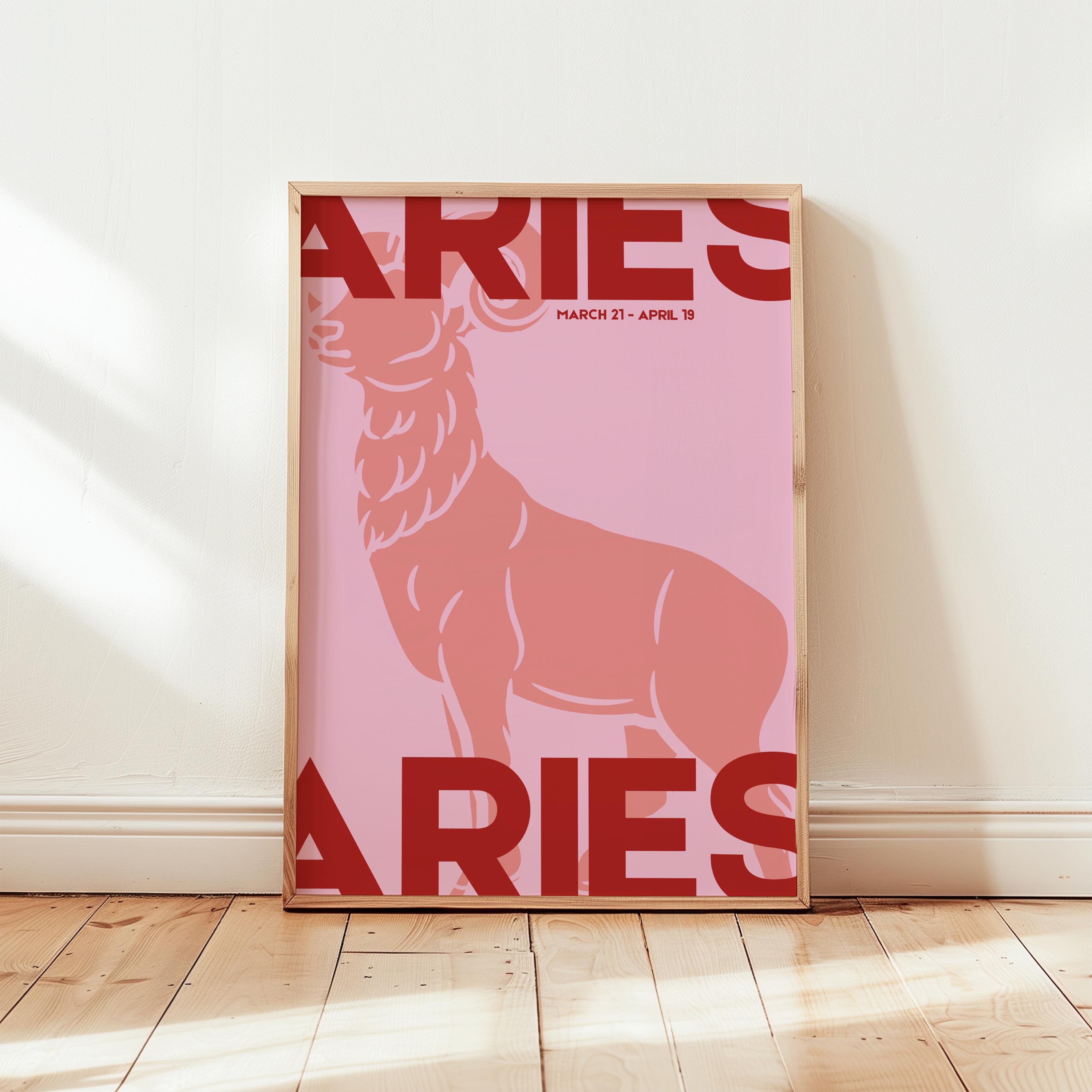Aries Zodiac Print, Astrology Wall Art, Star Sign Poster, Horoscope Gift, Red and Print, Modern Decor, Typography, Eclectic, Trendy