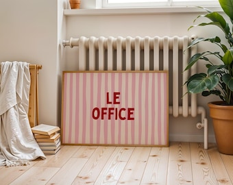 Le Office-tryck, hemmakontorsaffisch, skrivbordsdekor, arbetsplatsskylt, konst för att arbeta hemifrån, rosa randig väggkonst, present till kollega, dopaminkonst