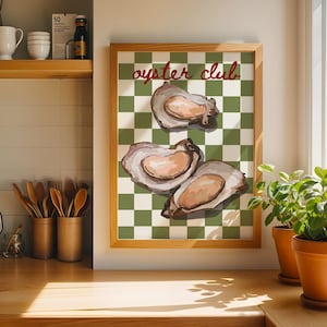 Oyster Print, Kitchen Poster, Seafood Print, Kitchen Wall Art, Eclectic Bar Cart and Dining Decor, New Home Gift, Dinner Party Art, Green