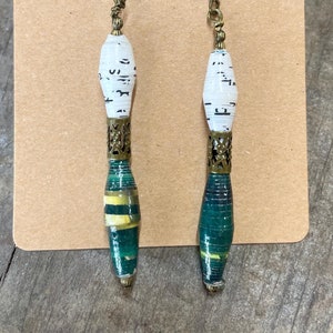Tribal-Inspired White & Green Paper Bead Earrings
