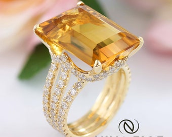 14k Yellow Gold Large Emerald Cut Citrine Ring With Diamond Accents CITR200