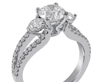 Round Cut Split Shank Three Stone Diamond Engagement Ring KR115