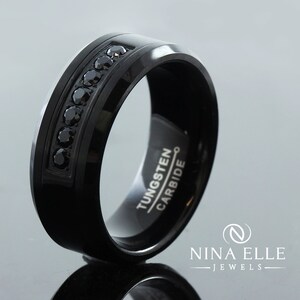 8MM Men's Black Tungsten Wedding Band with Black CZ Diamonds