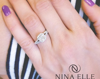 14k White Gold Cushion Cut Diamond Engagement Ring With Halo Split Shank C60