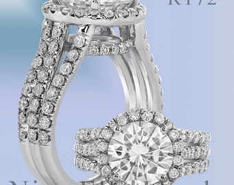 Forever Brilliant Round Cut Triple Shank Moissanite & Diamonds Engagement Ring R172M