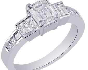 14k White Gold Emerald Cut Diamond Engagement Ring With Baguettes E1LG