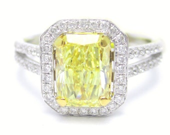 1.88ctw RADIANT cut FANCY YELLOW split shank diamond engagement ring 14k white gold