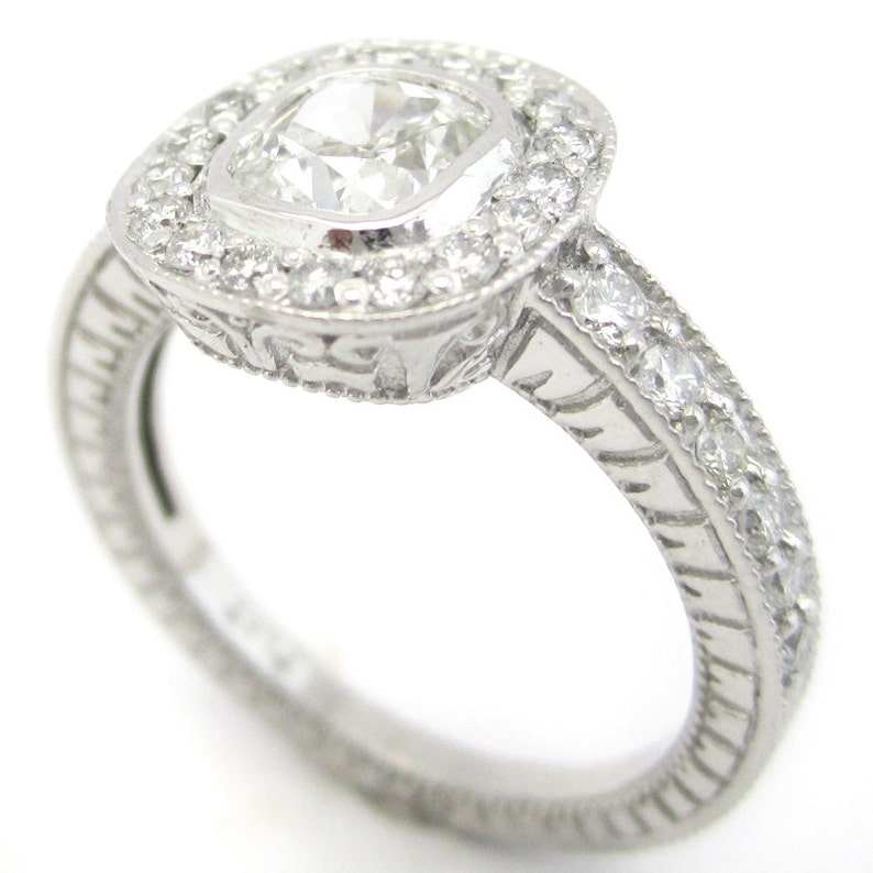1.45ctw CUSHION Cut Antique Style Bezel Set Diamond Ring With Etsy