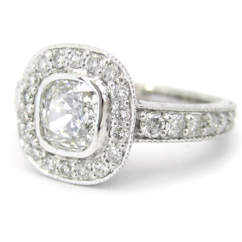 1.45ctw CUSHION Cut Antique Style Bezel Set Diamond Ring With Etsy