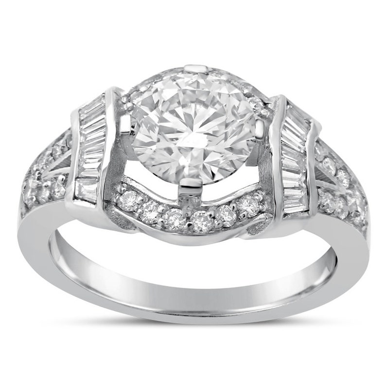 Round cut antique style diamond engagement ring with baguettes R204 image 1