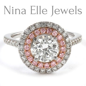 Round cut double halo engagement ring with pink diamonds R216 image 1