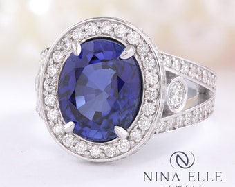 7.30ctw Oval Cut Synthetic Sapphire and Natural Diamonds Custom Ring SA4400