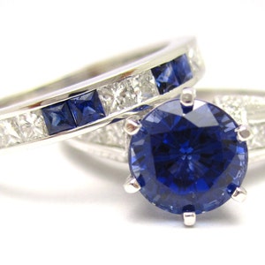 2.97ctw ROUND cutt medium blue SAPPHIRE & Diamonds engagement ring and band SA2100 image 1