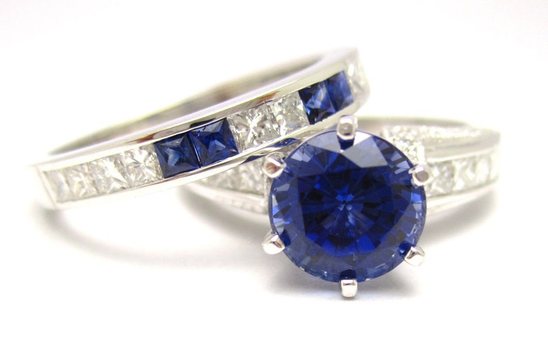 2.97ctw ROUND cutt medium blue SAPPHIRE & Diamonds engagement ring and band SA2100 image 1