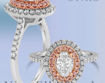 Oval Cut Double Halo Engagement Ring With Pink Diamonds O17