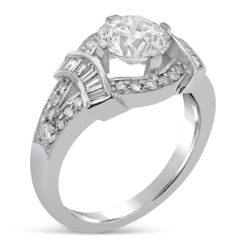 Round cut antique style diamond engagement ring with baguettes R204 image 2