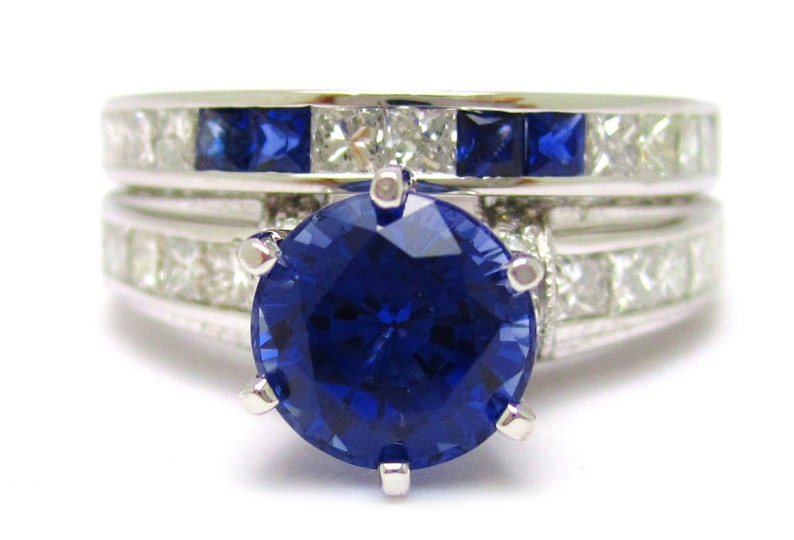 2.97ctw ROUND cutt medium blue SAPPHIRE & Diamonds engagement ring and band SA2100 image 2