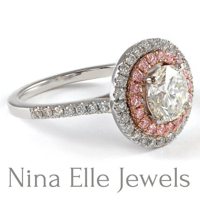 Round cut double halo engagement ring with pink diamonds R216 image 2