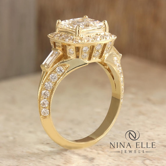 14K Yellow Gold Princess Cut Antique Style Diamond Engagement Ring