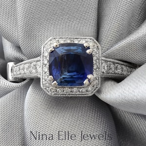 Cushion cut medium blue  sapphire & Diamonds engagement ring antique pave style SA2900