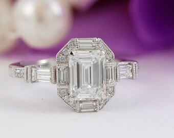 Emerald Cut Diamond Engagement Ring with Baguette And Round Diamonds E38