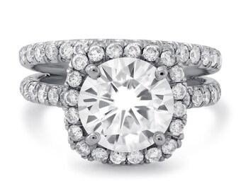 Round Cut diamond engagement ring & band wedding set with Halo and U shape micro pave diamonds