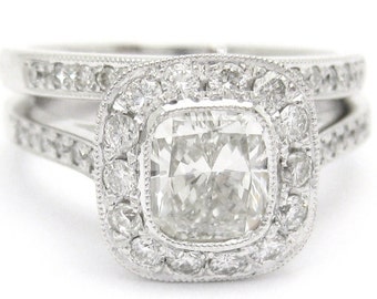 1.70ctw CUSHION cut antique style diamond engagement ring & matching band 14k white gold