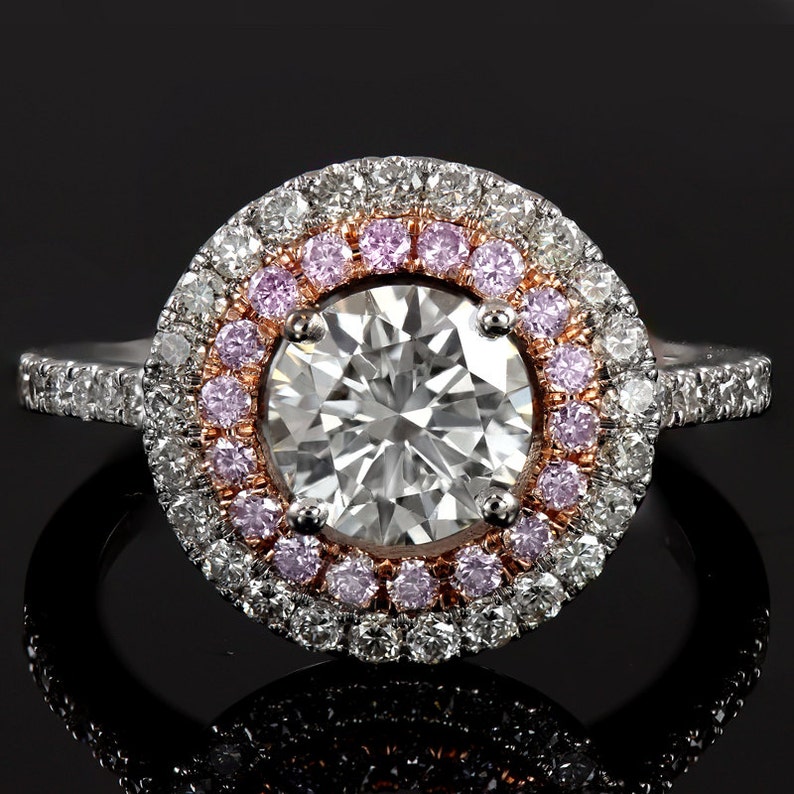 Round cut double halo engagement ring with pink diamonds R216 image 4