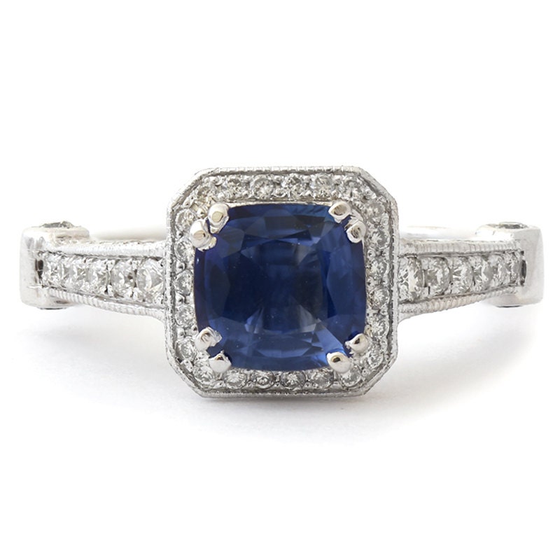 Cushion Cut Medium Blue Sapphire & Diamonds Engagement Ring - Etsy
