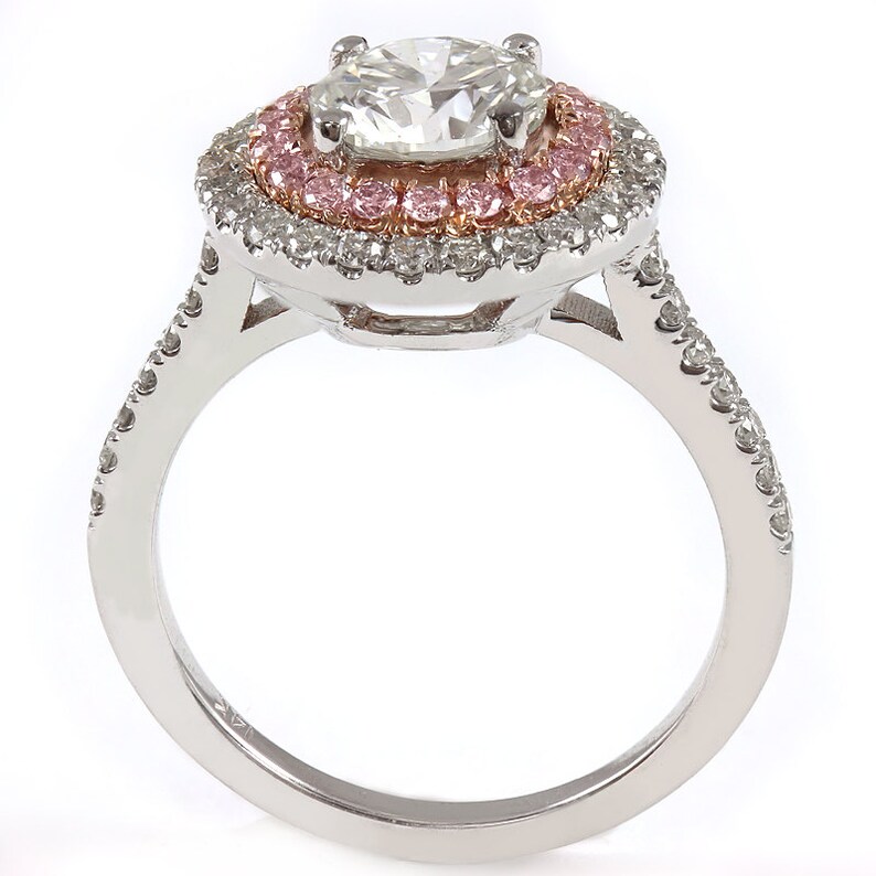 Round cut double halo engagement ring with pink diamonds R216 image 3