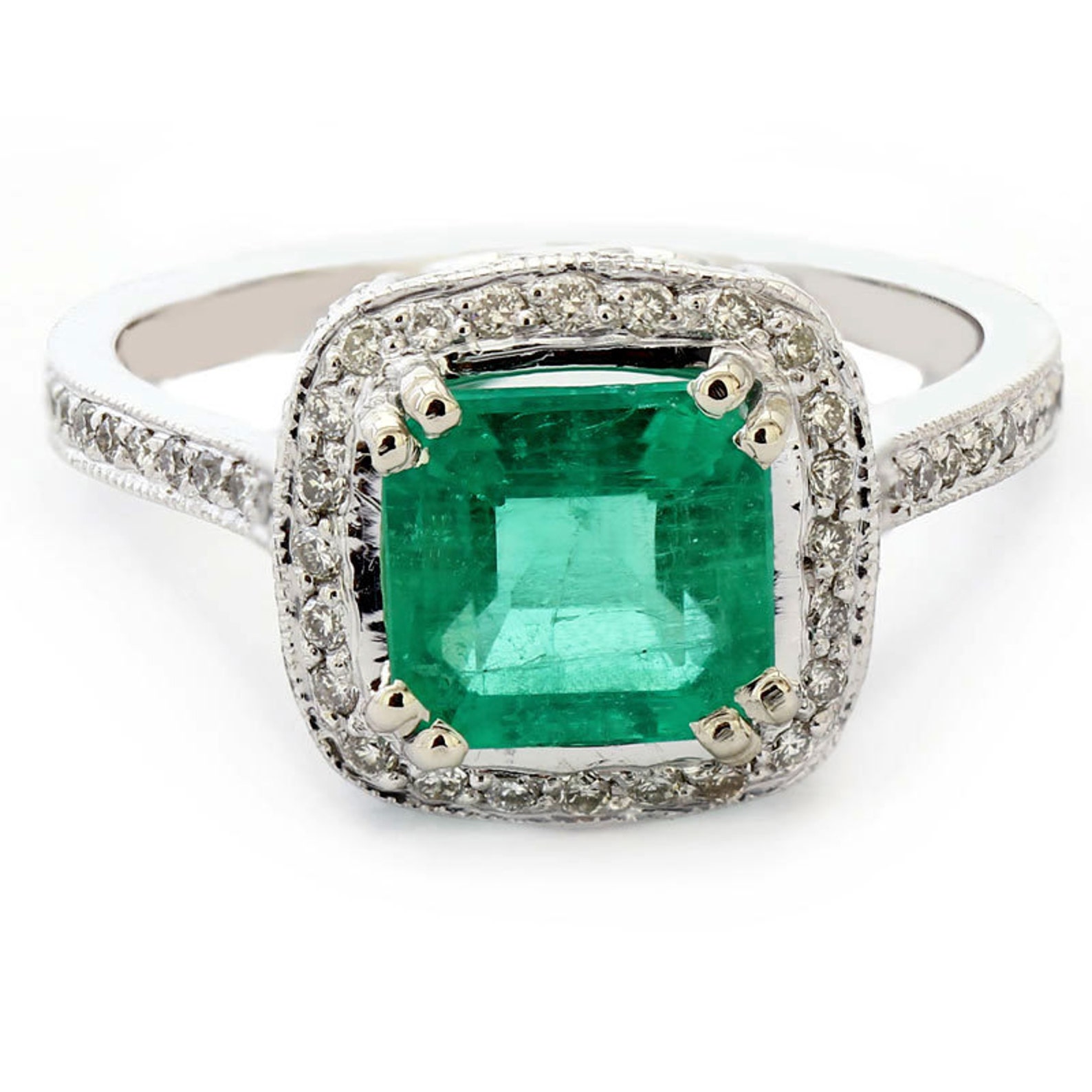 Cushion Cut Antique Style EMERALD & Diamonds Engagement Ring - Etsy