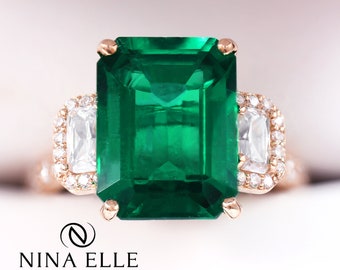 Yellow Gold Three Stone Emerald Cut Simulated Emerald and Diamonds Engagement Ring EMR109