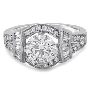 Round cut antique style diamond engagement ring with baguettes R204 image 3