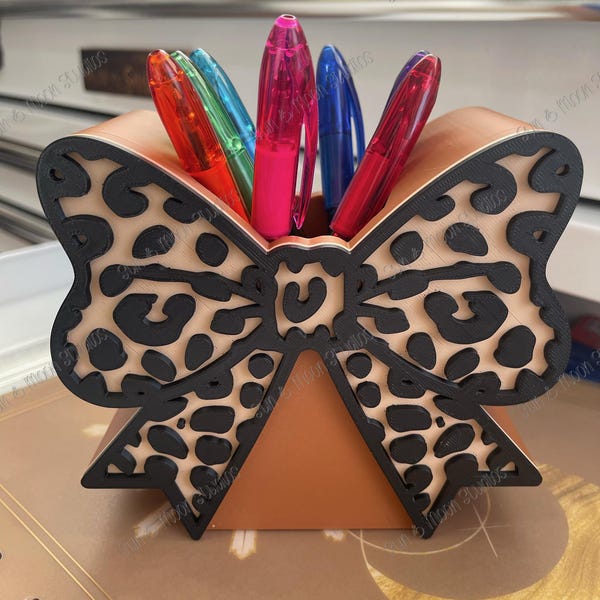Portalápices con lazo de leopardo / Organizador de escritorio impreso en 3D, decoración glamurosa para la oficina