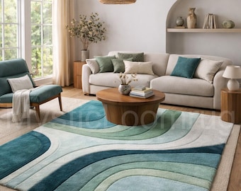 Hand Tufted Wool Area Rug – Green Abstract Wave Design