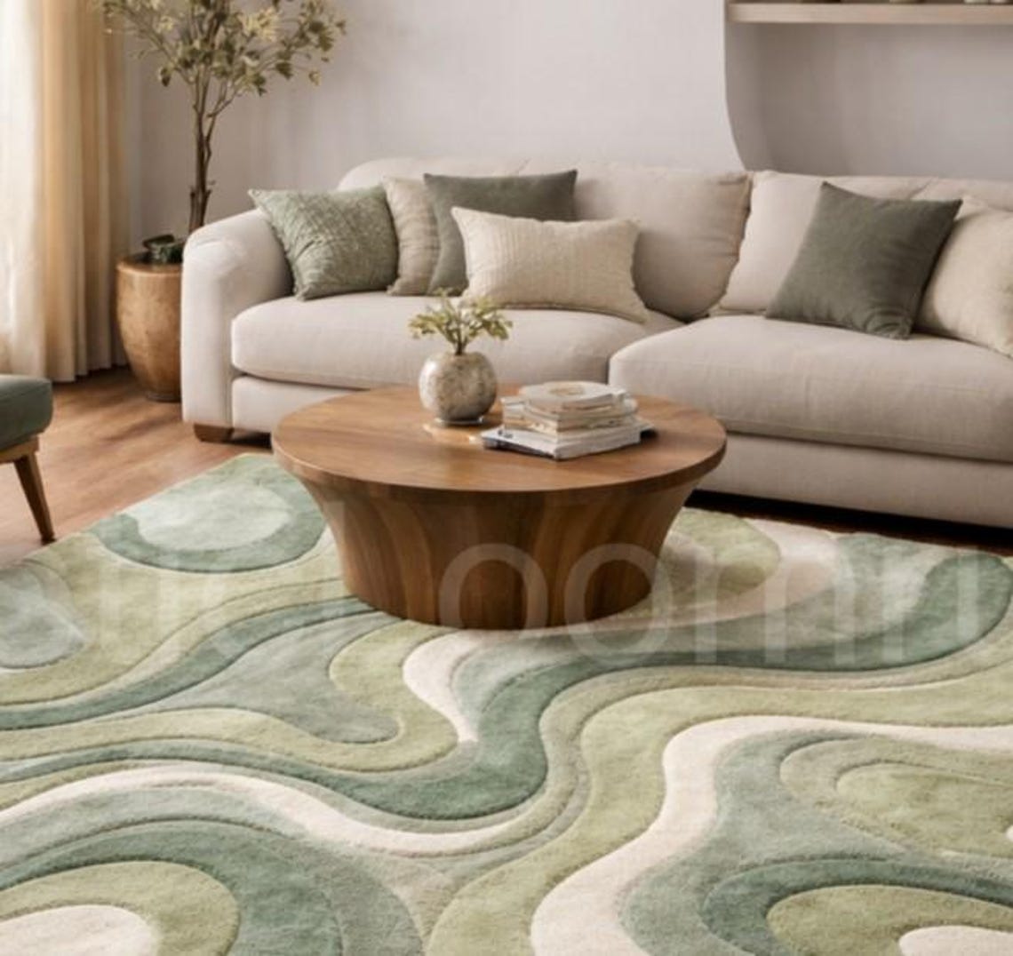 Hand Tufted Moss Green Abstract Area Rug, Modern Organic Sage Living ...